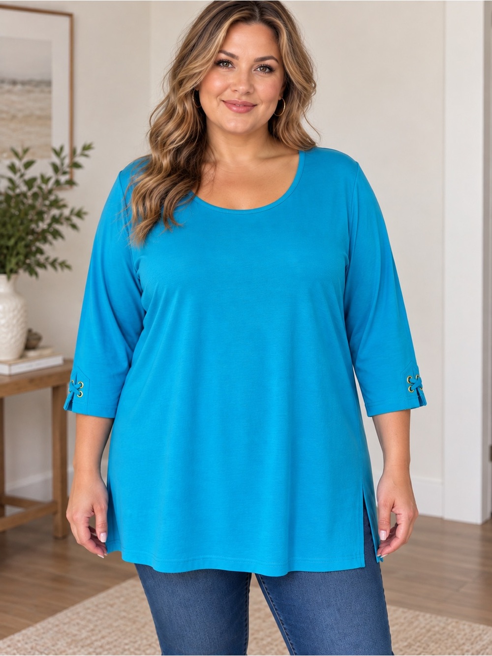 Denim & Co 3X Teal Blue Tunic Top 3/4 Sleeve Grommet Cuff Casual Coastal Preppy